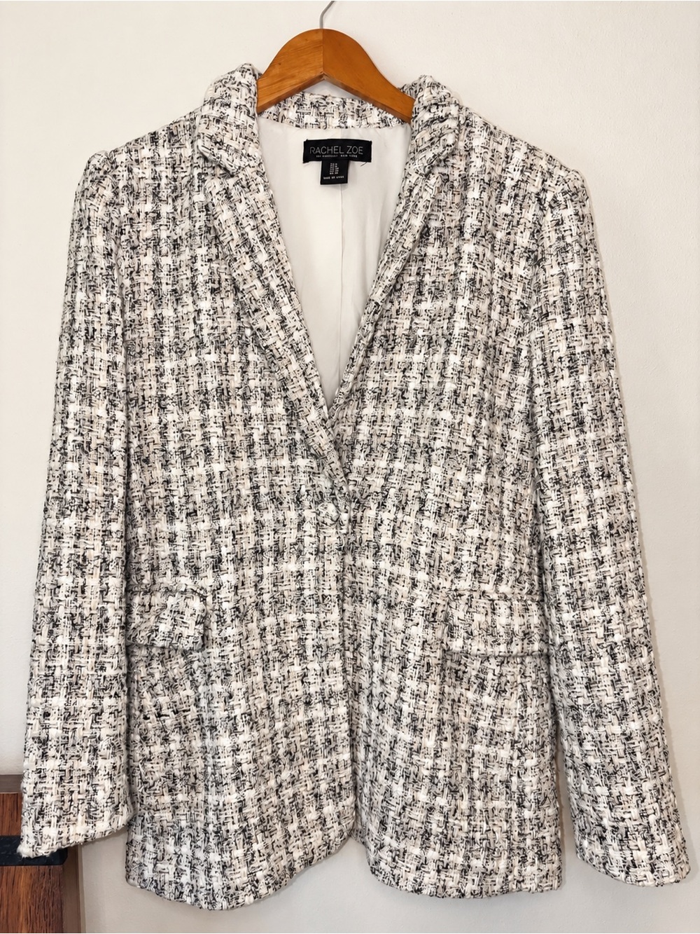 Rachel Zoe Tweed Blazer Jacket Black Ivory Cream Beige Size 6 Classic Preppy
